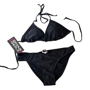 NWT DaHui Black Aloha Hawaii Halter Triangle Bikini Swimsuit Set Medium M